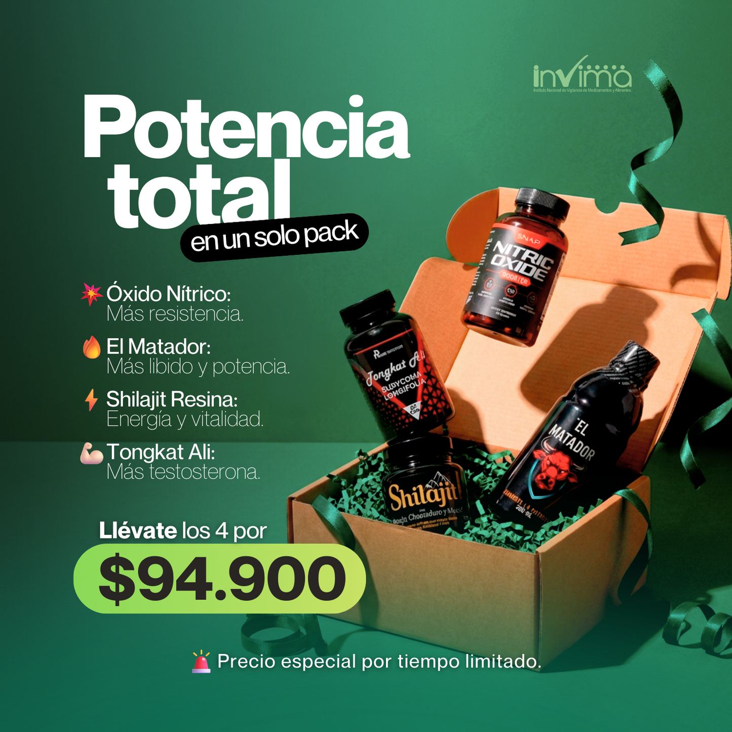 Combo Multivitaminico x4 (Oxido Nitrico, Shilajit, Tongkat Ali y Jarabe)